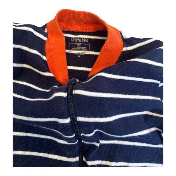 Little Me Pajamas - Boys Construction One Piece Full Zip PJ Striped Navy Blue - Picture 4 of 5